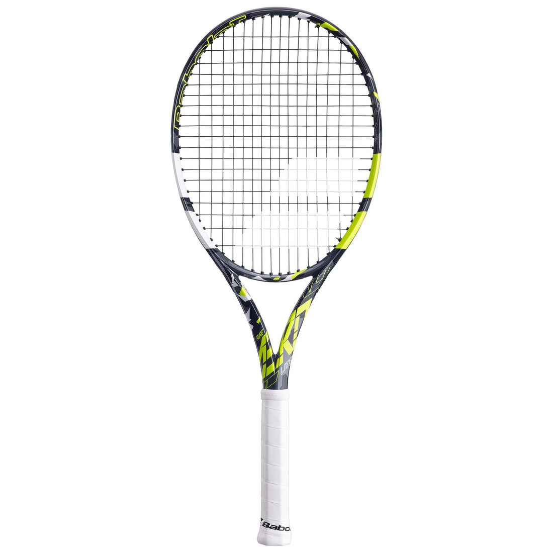 Tennis racket with black and yellow design on a white background