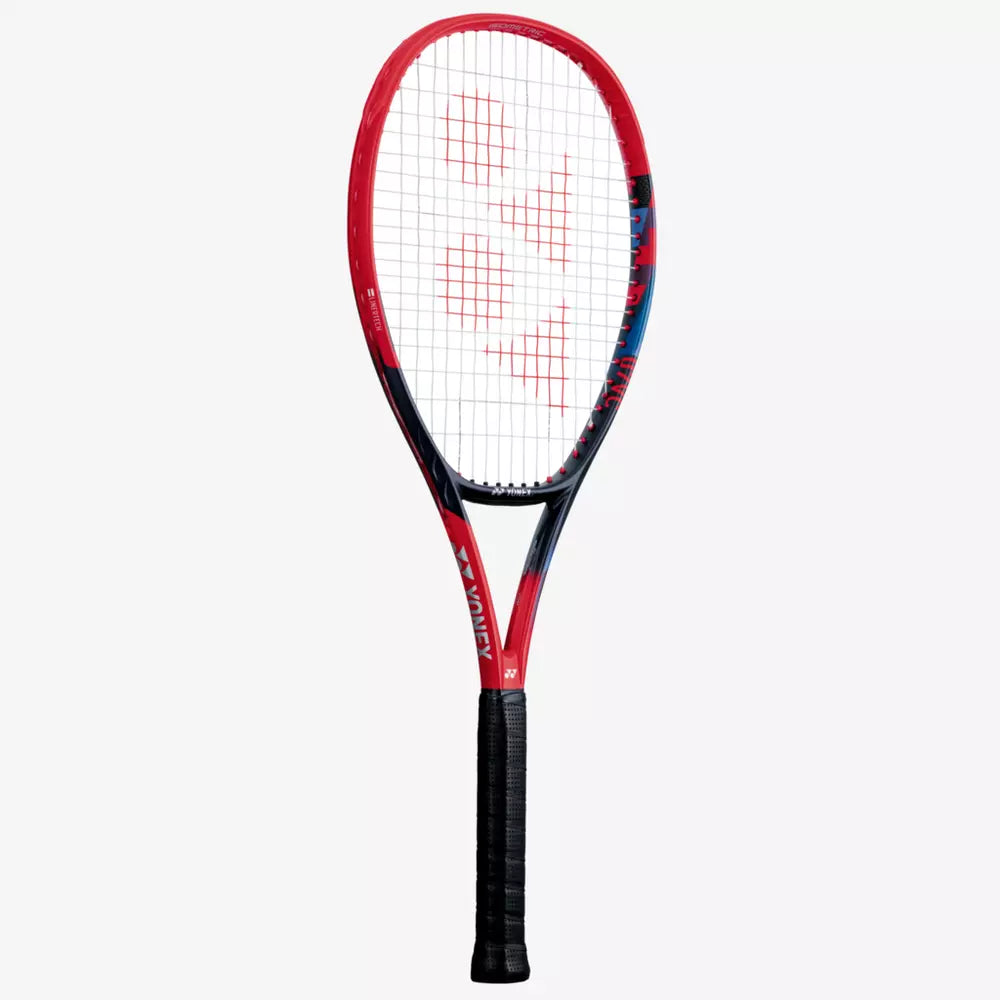 Red and black tennis racket with the Yonnex logo on a white background