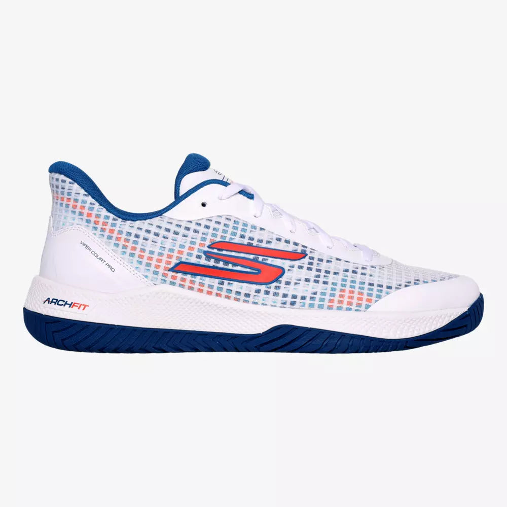 White athletic shoe with blue and orange accents on a white background