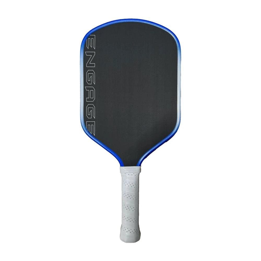 Pickleball paddle with blue rim and white handle on a white background with the word Engage on its left margin