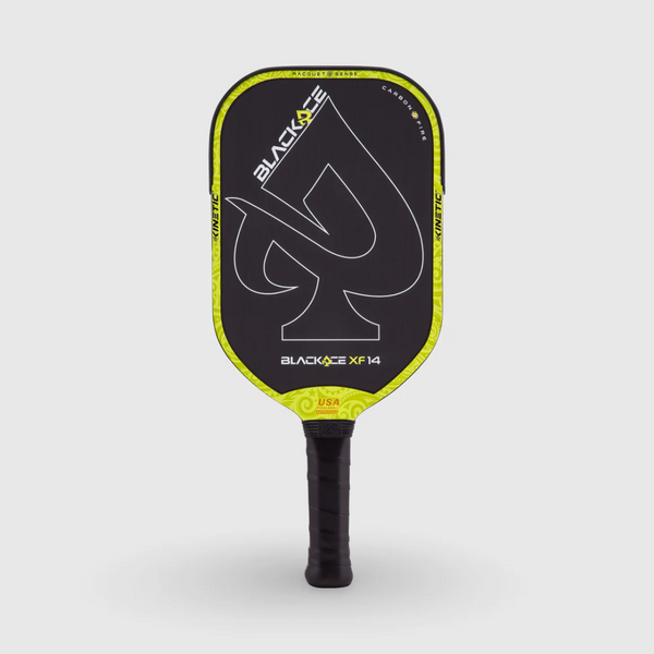 Blackace pickleball paddle with yellow accents on a light gray background
