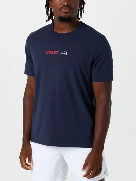 Man wearing a navy blue t-shirt with 'BOAST USA' text on a white background