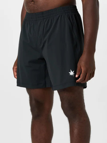 Black athletic shorts with a white logo on a plain background